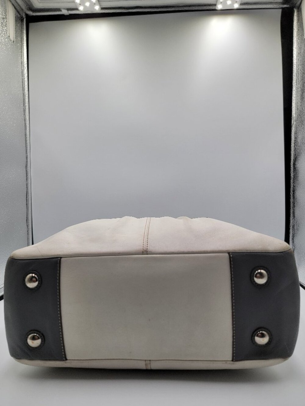 Coach Soho Pleated East West Gallery Tote Handbag Ivory Leather Gray Trim F13759 - Picture 7 of 13